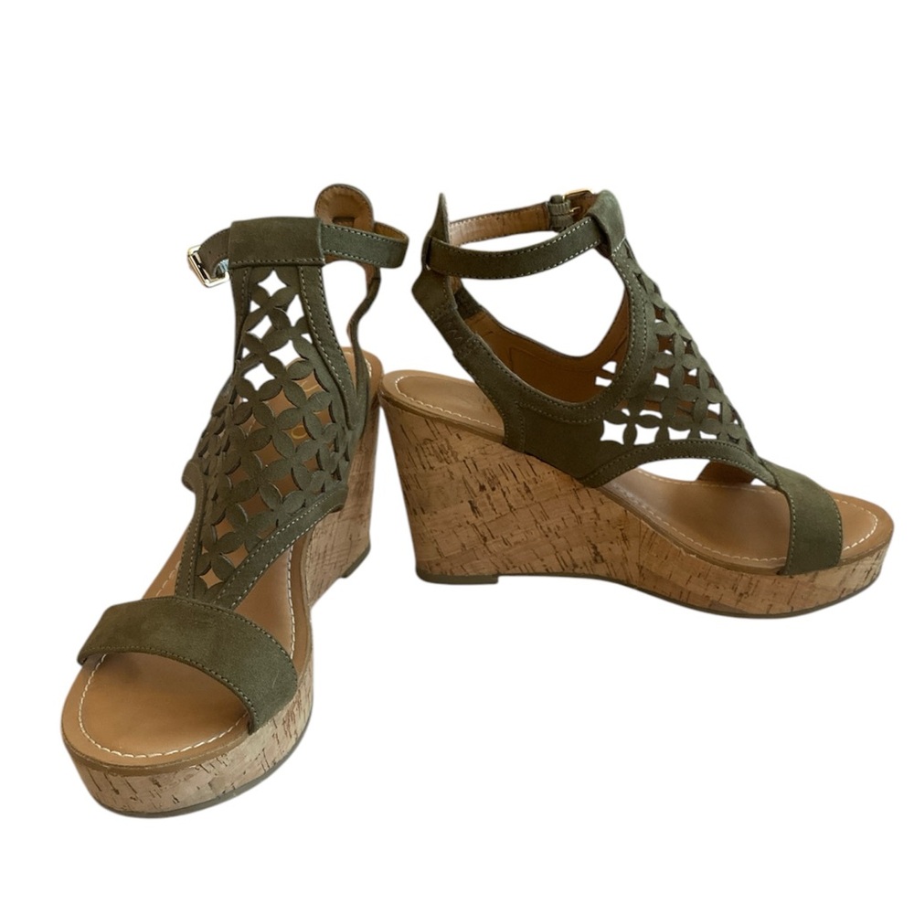 Franco Sarto Lazercut Suede Cork Platform Wedge Heels in Olive Green